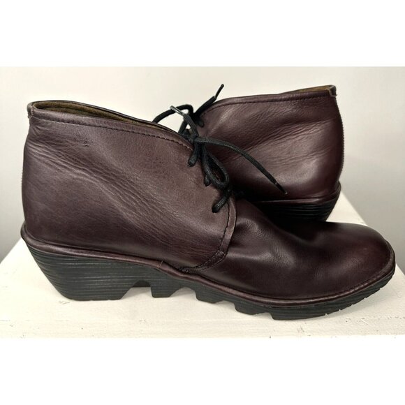 Fly London Womens Boots Leather Ankle Wedge Heel Lace-Up Burgundy 39 US 8-8.5 - Picture 6 of 13